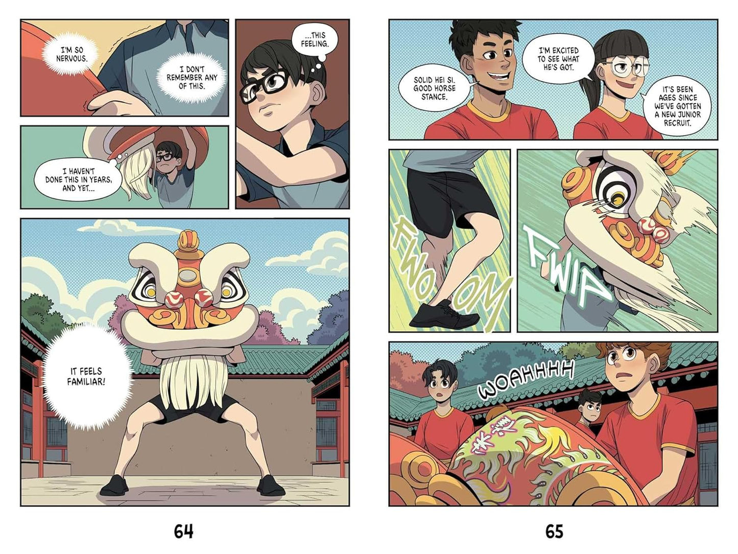 a page from Lion Dancers graphic novel written and illustrated by Cai Tse. The panels show a young Asian American boy as he picks up a lion head and start practicing with it. The other teammates watch in awe at his skill in the lion