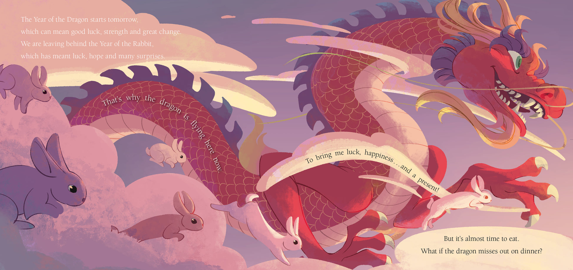 a page from childrens picture book Our Family Dragon: A Lunar New Year Story. The illustration shows a bright red dragon soaring through the clouds with bunnies hopping with the dragon through the clouds in a sunset purple hue