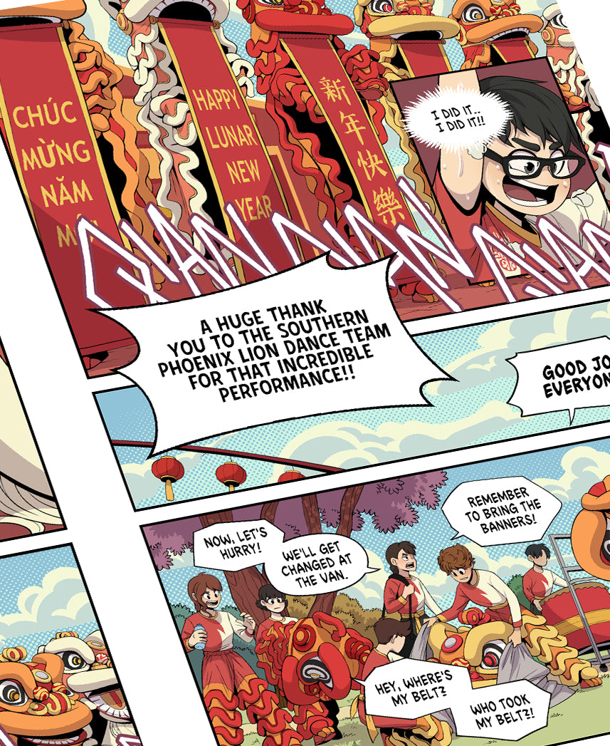 image shows a page from the Lion Dancers graphic novel written and illustrated by Cai Tse and published by SImon & Schuster. It shows three panels, the first one with the lions dropping banners, the MC is shouting a huge thank you to the team. The last panel shows the lion dance team packing up after their lunar new year performance.