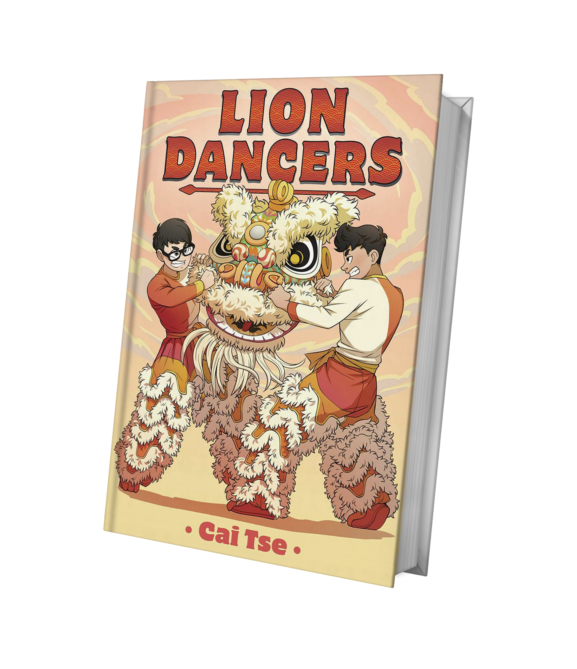 hardcover book on transparent background. The book cover shows the cover of Lion Dancers, a graphic novel written and illustrated by Cai Tse