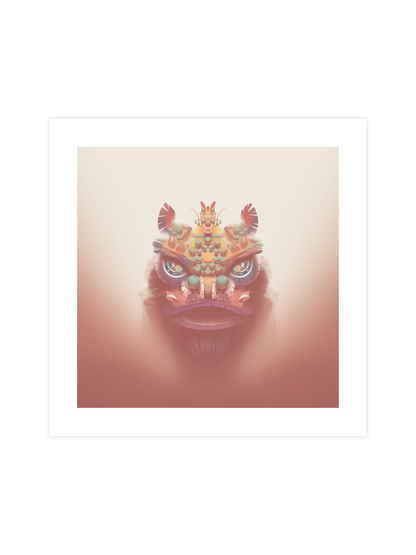 Traditional Chinese Lion Head Art Print - Amber