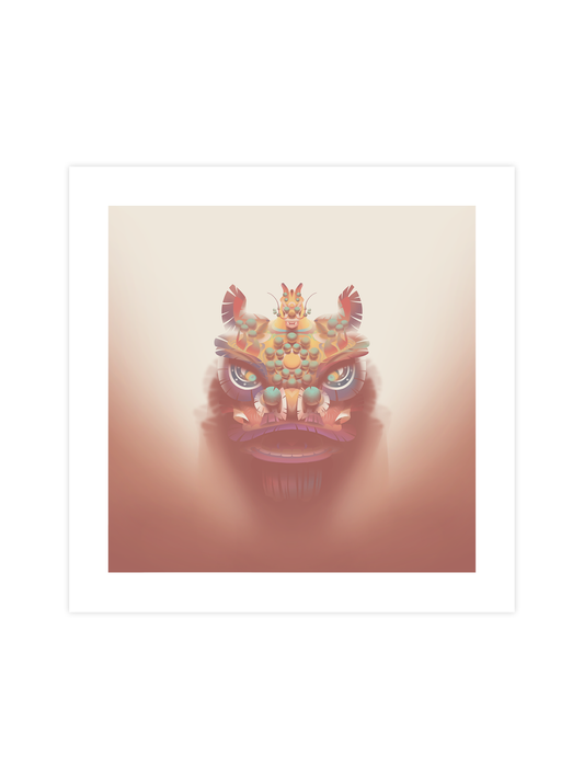 Traditional Chinese Lion Head Art Print - Amber
