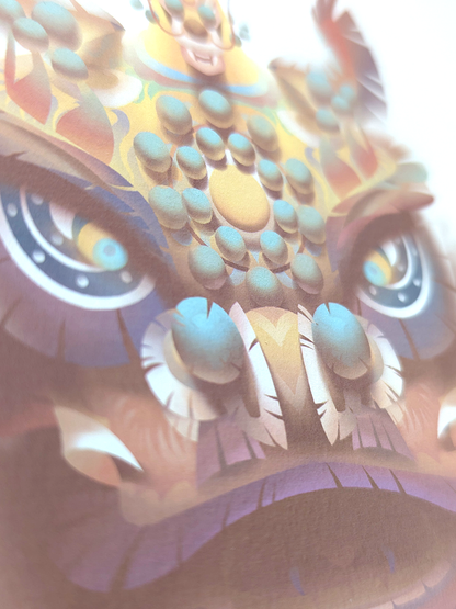 Traditional Chinese Lion Head Art Print - Amber