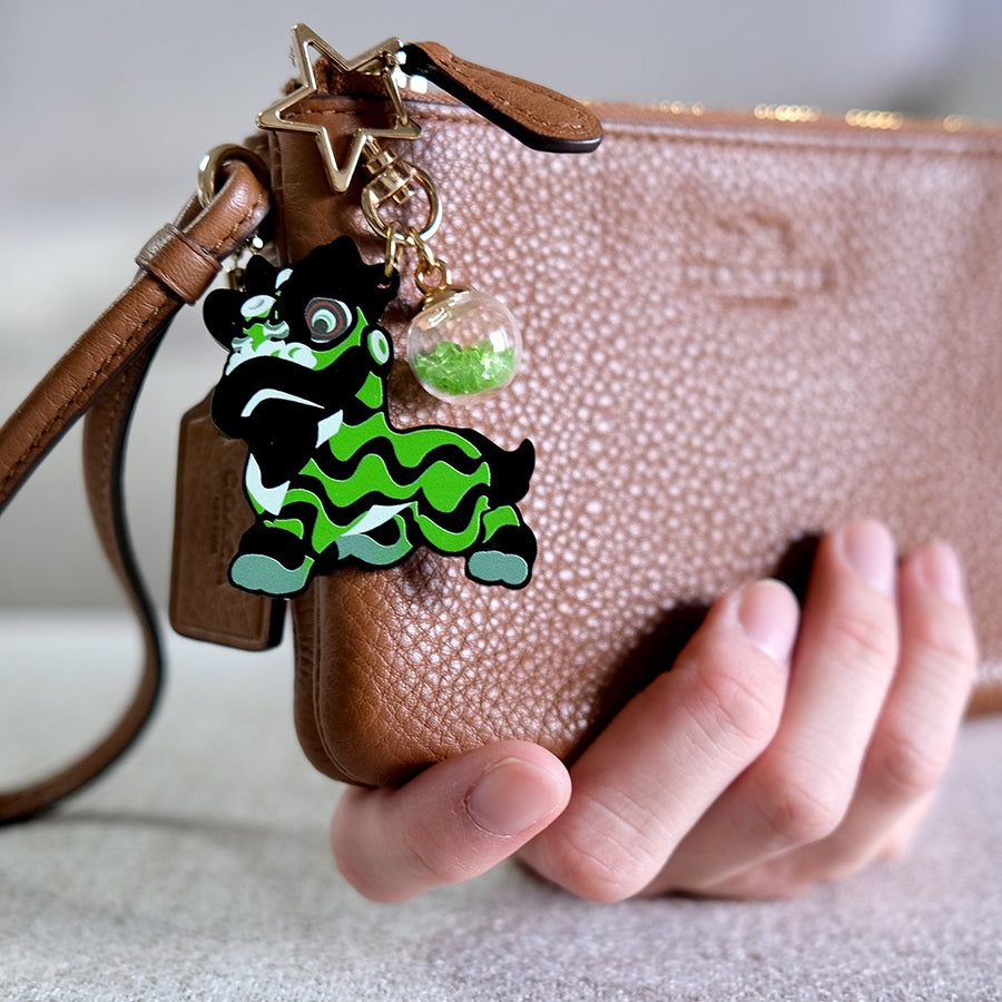 Chinese Lion Dance Keychain - Black Acrylic Green