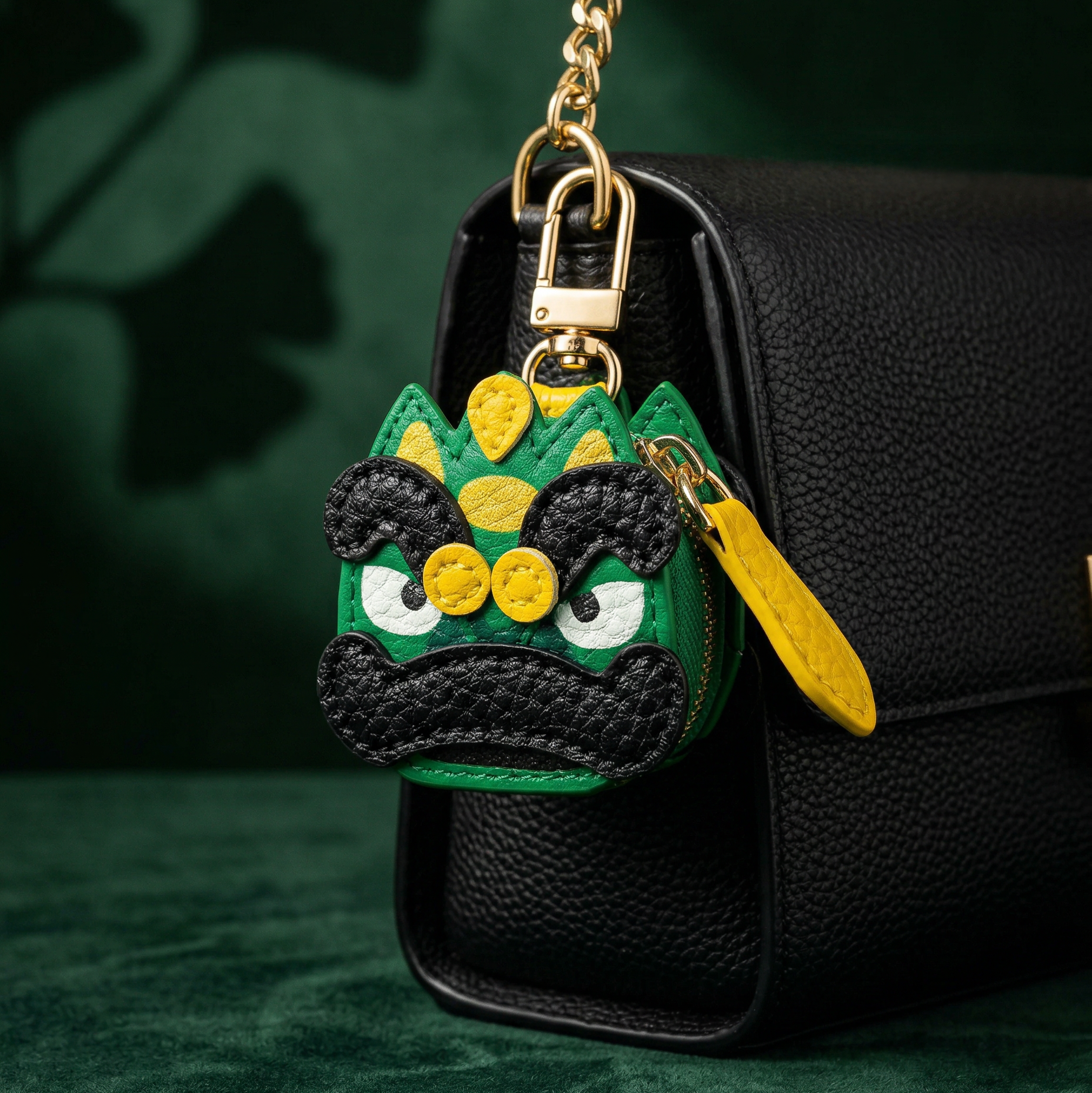 Keychain shaped like a chinese lion dance character with green, yellow, and black colors on a black surface.