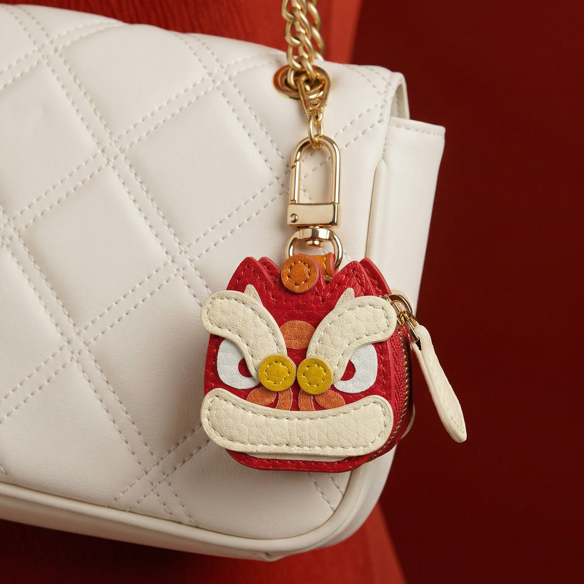 Red chinese lion dance-shaped keychain attached to a white quilted handbag against a red background