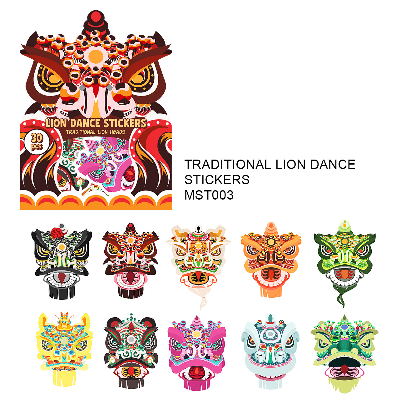 Traditional Lion Heads Sticker Pack - Peel & Stick Paper Stickers