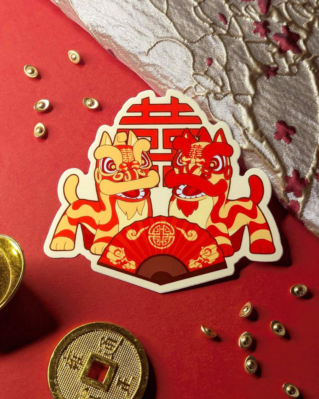 Lion Dance Vinyl Sticker - Wedding Double Happiness Fan