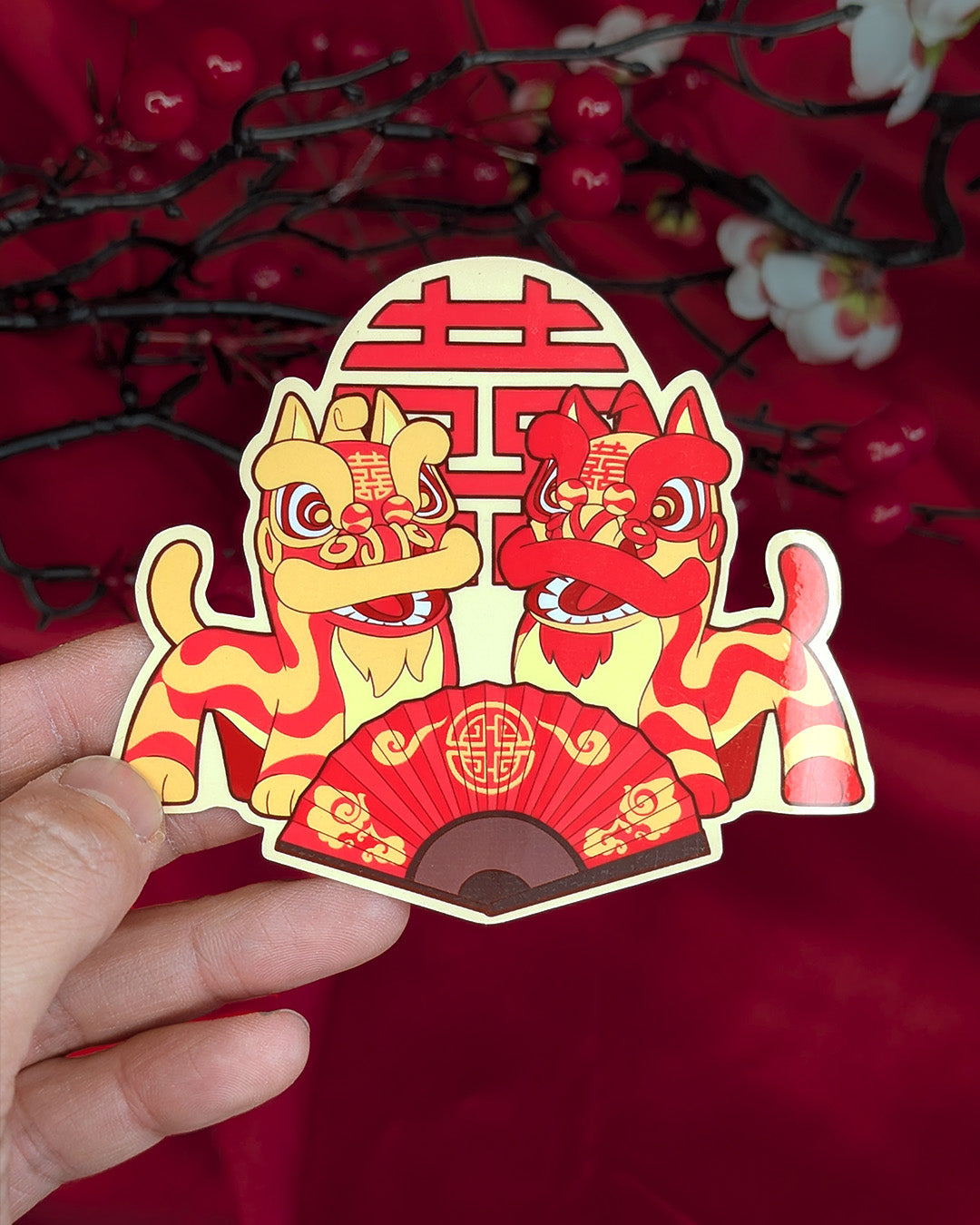 Lion Dance Vinyl Sticker - Wedding Double Happiness Fan
