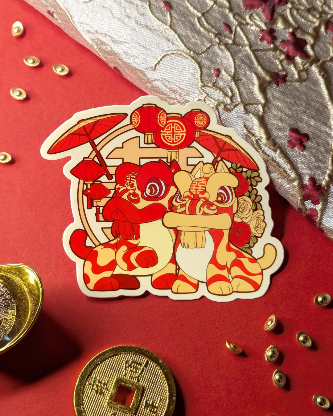 Lion Dance Vinyl Sticker - Double Happiness Umbrella