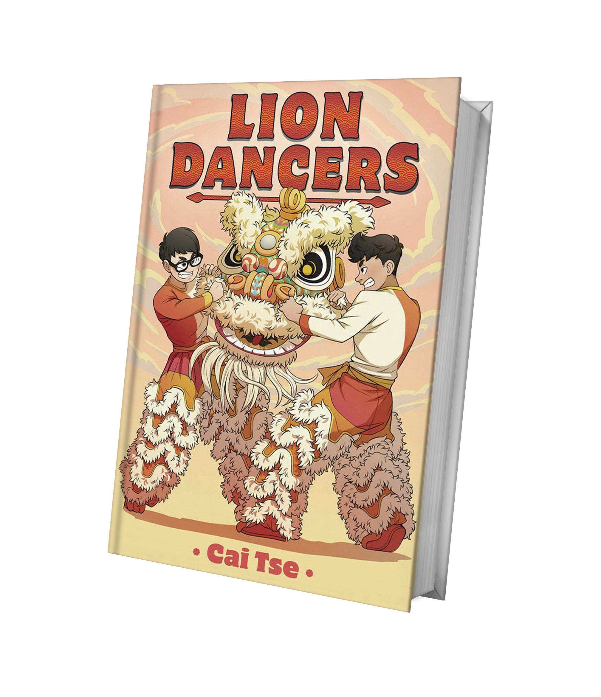 hardcover book on transparent background. The book cover shows the cover of Lion Dancers, a graphic novel written and illustrated by Cai Tse